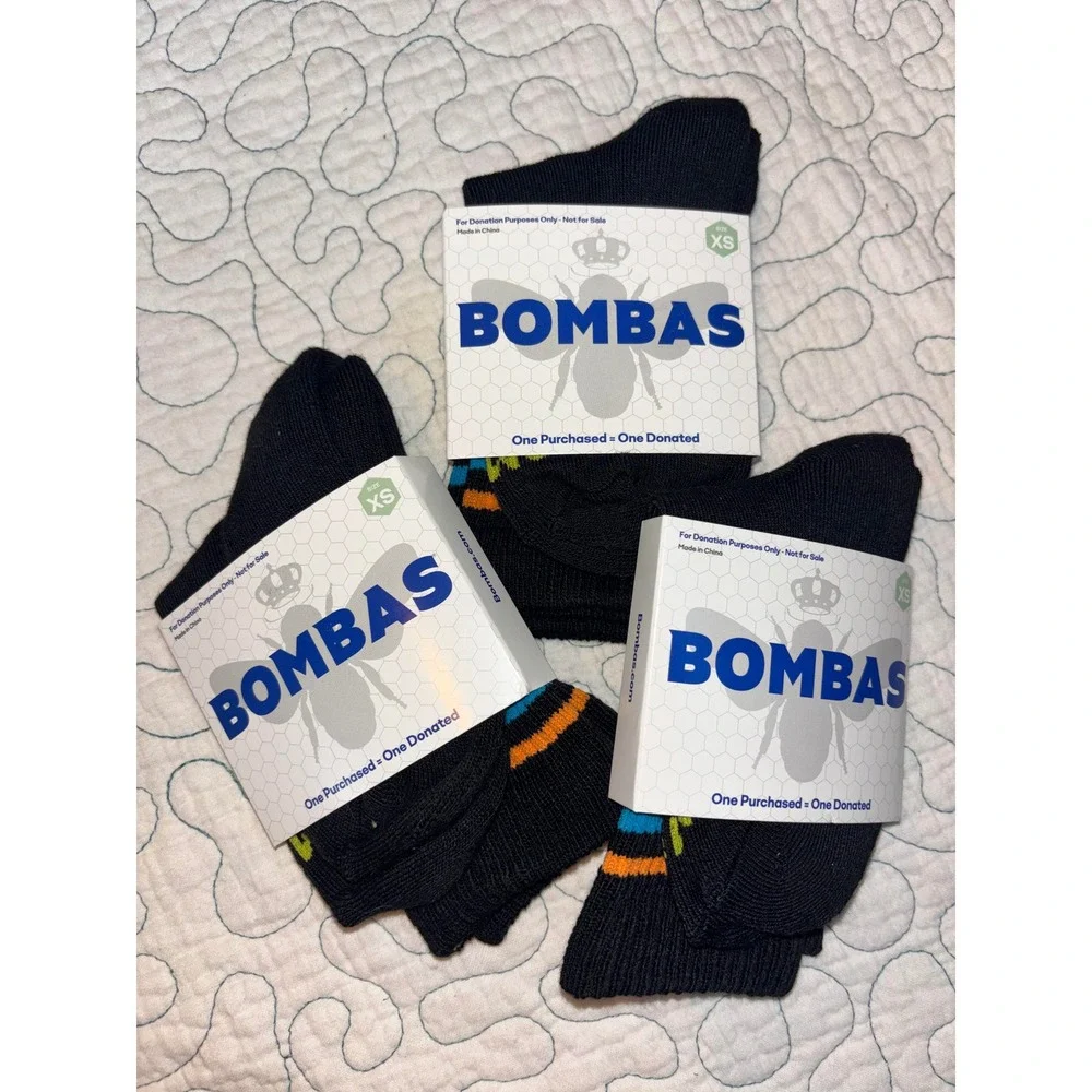 Bombas Black Ankle Socks 3-Pack XS Honeycomb Arch Support Bee Logo Striped